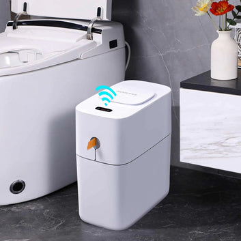 MOPUP Touchless Bathroom Trash Can Automatic Garbage Can for BedroomOffice Motion Sensor Trash Bin3.5 Gallon Dogproof Plastic Slim Wastebasket for Toilet RVLiving Room White VibelyDrop