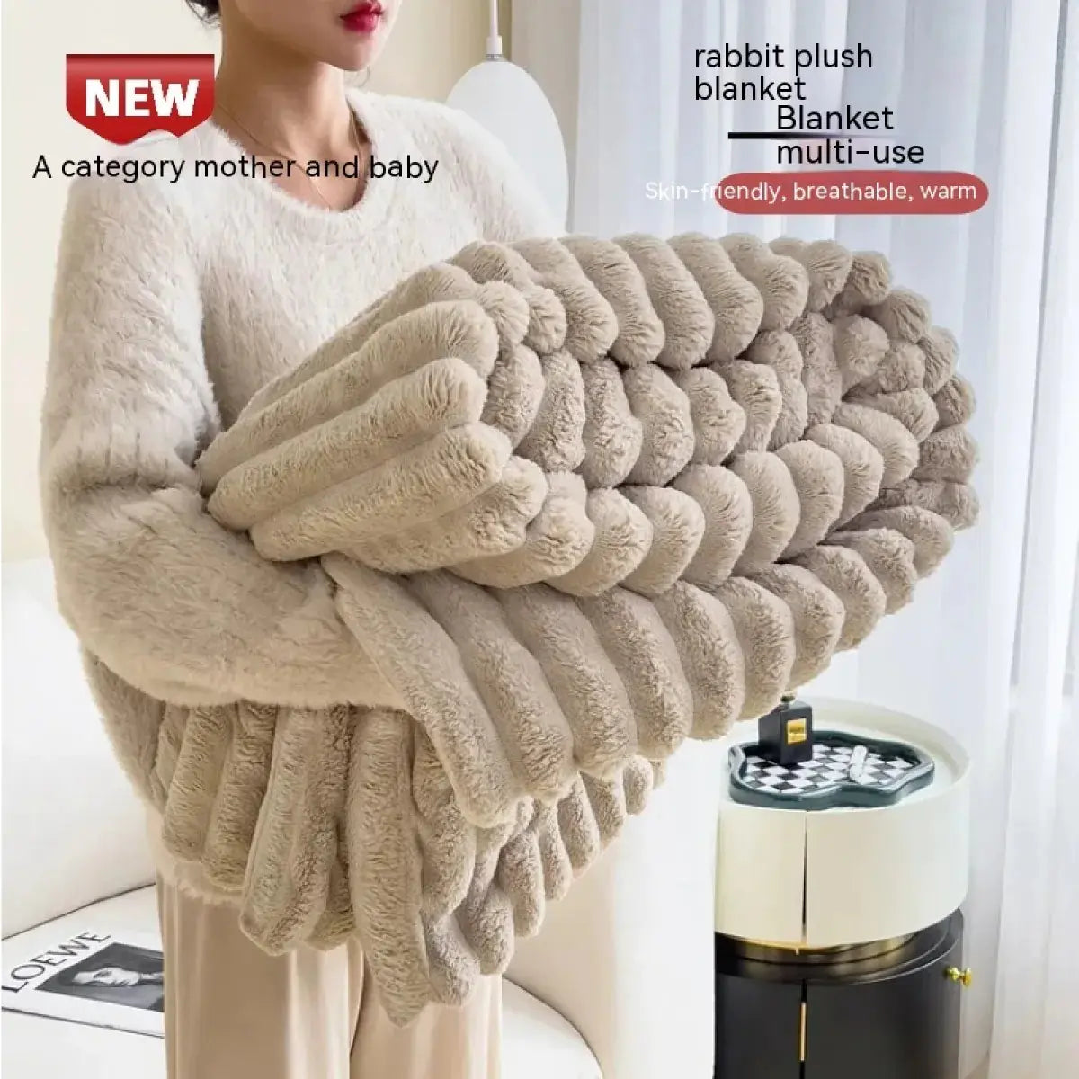 Soft Velvet Rabbit Fur Blanket – Thick & Warm Throw VibelyDrop (Khaki) (100x150cm)