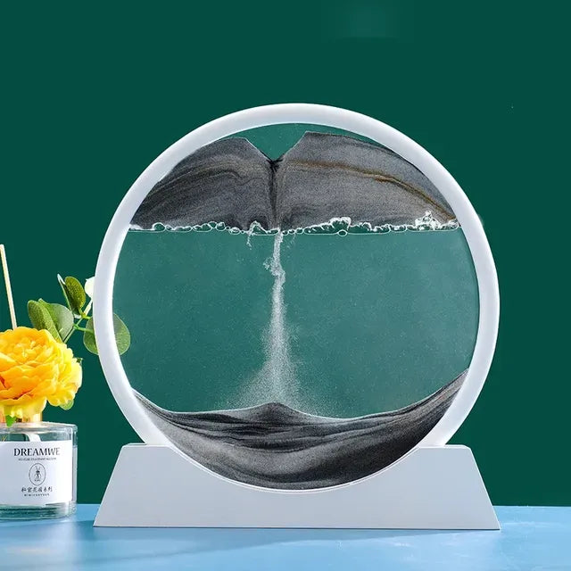 3D moving sand art hourglass by VibelyDrop, featuring flowing sand and a decorative design for home decor.