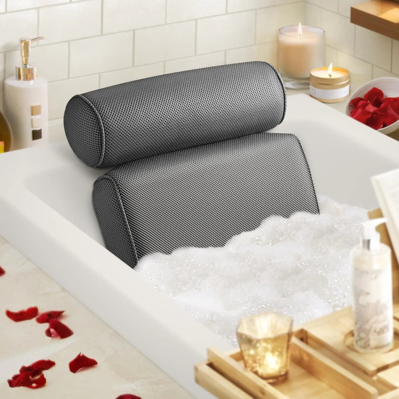 LuxStep Bath Pillow Bathtub Pillow with 6 Non-Slip Suction Cups for HeadNeck and Back Support Extra Thick and Soft Air Mesh Spa Pillow for Bath - Fits All Bathtub 15.35x14.56 InchGrey VibelyDrop