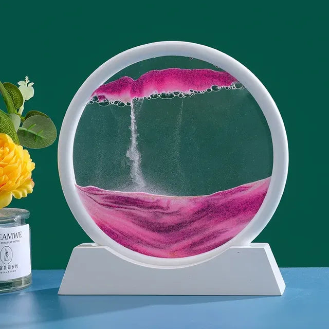 3D moving sand art hourglass by VibelyDrop, showcasing colorful sand patterns for unique home decor.