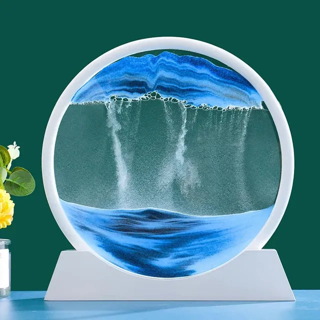 3D moving sand art hourglass by VibelyDrop, showcasing colorful sand patterns in a decorative glass design.